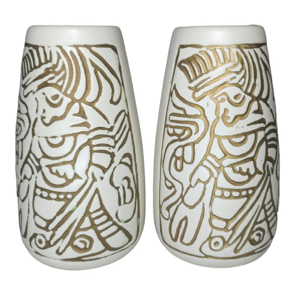 Vintage Mid-Century Mayan Aztec Native Design Vase Pair Cream Gold USA Made - Picture 1 of 16